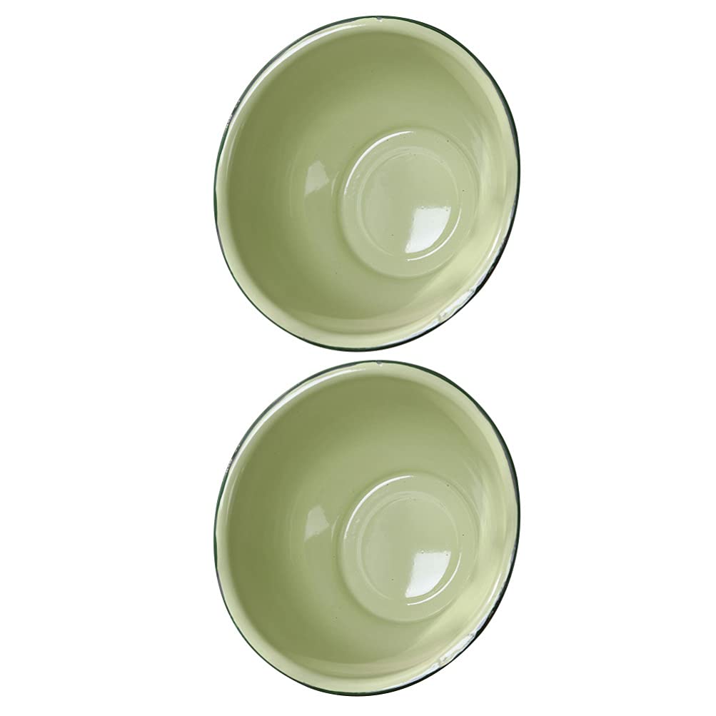 HEMOTON Enamel Bowls Pair 7 Inch Large Soup Bowls with Retro Green Rim Vintage Style Thickened Kitchenware for Home and Outdoor Use