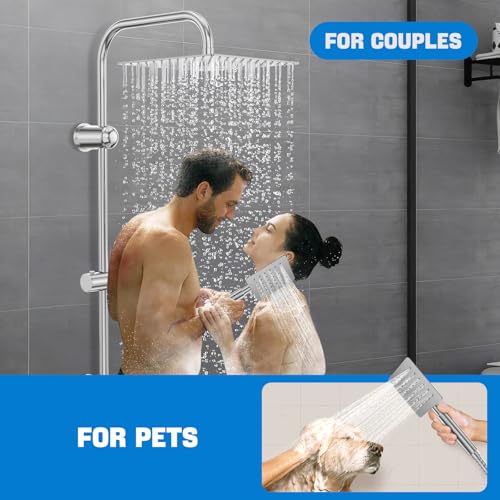 Kezidhp Shower Column without Hydromassage Mixer, Shower Rail with Rain Shower, 30 x 30 cm, Stainless Steel Column, Adjustable Wall Mount