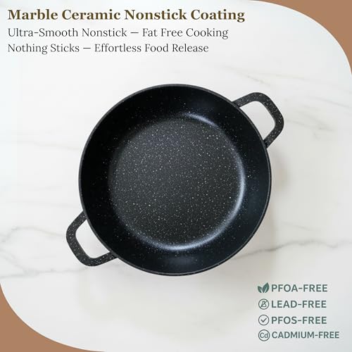 GOLDMANN Cast Aluminium Saucepan 24 cm - 4.5 L Non-Stick Ceramic Marble Look Glass Lid Induction Suitable for All Hobs Oven Safe and PFOA Free
