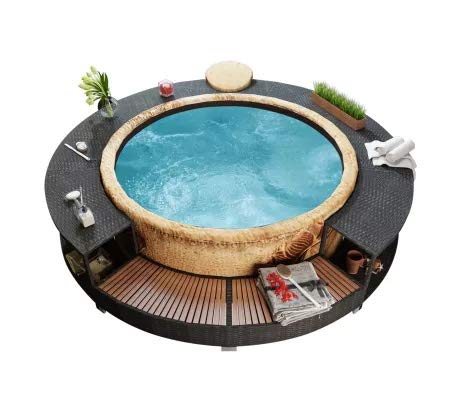 Cikonielf Spa Surround Schwarz Poly Rattan, Rahmen für Whirlpool, winddicht und regenfest, PE-Rattan…