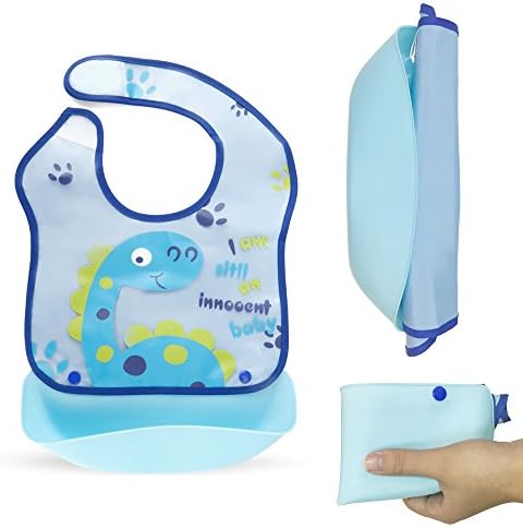 Roll Up Waterproof Baby Bib Detachable with Food Pocket, Easy wipe clean, Lightweight Flexible Adjustable Comfort-fit Fabric neck for Baby boys and girls Toddlers (light blue)