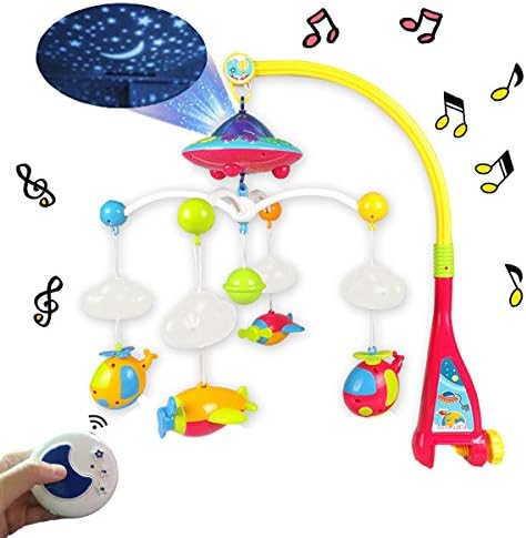 Baby Musical Mobile Crib with Music & Lights,Baby Crib Decoration Newborn Gift,Projection and Night Light,Timing Function,108 Melodies Music Box with Remote Control,Take-Along Rattle & Music Box