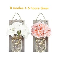 NiniTe LIGHTS 2 Pack Mason Jar Sconces Battery Operated with 30 LED Fairy String Lights, Hydrangea Flowers and Grey Vintage Wooden Board, Hanging Light Crafts for Wall Decor, Home Decor, Outdoor Decor