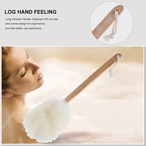 PRETTY SEE Exfoliating Loofah Body Brush with Long Wooden Handle Mesh Shower Bath Sponge
