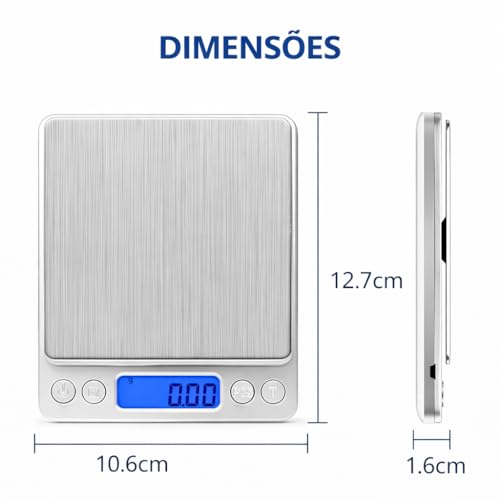 Balança Digital de Precisão 0,1g a 2kg para Cozinha e Jóias, Visor LCD Iluminado, 9 Unidades, Função Tara e Contagem de Peças, 2 Bandejas, Portáil Desligamento Automático