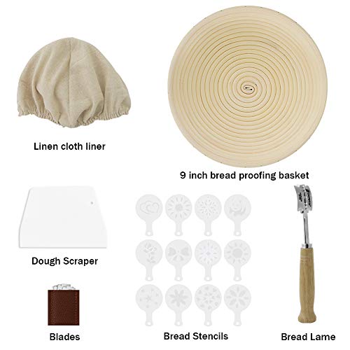 VOLADOR 9 inch Bread Proofing Banneton, Round Dough Bowl Proving Rattan Baskets for Sourdough with Linen Liner & Scraper & Razor Blades & Stencils
