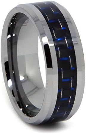 Tungsten Wedding Band, Stylish Tungsten Ring for Men, High Polish Flat Top with Black and Blue Carbon Fiber Inlaid, 8mm