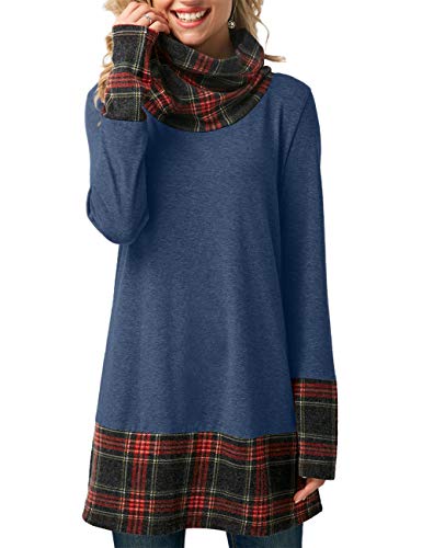 PARIS HILL Women’s Long Sleeve Blouse Cowl Neck Plaid Print Tunic Tops Blue Small