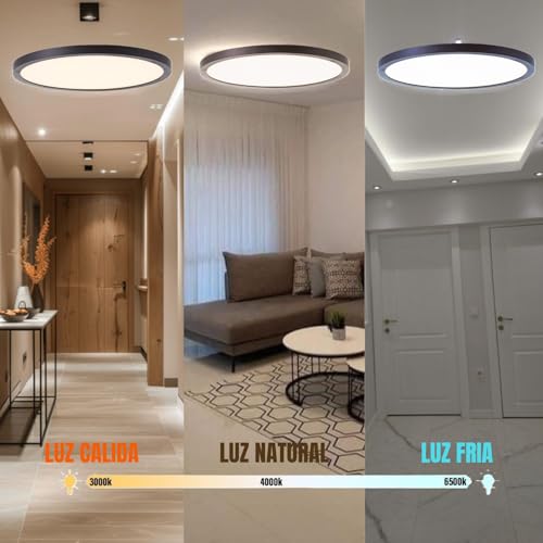 Megaluz S61W12T3 Lampara de techo interior led empotrable 12w, plafones led para techo, diseño ajustable, ahorro de energía 3 Tipos de luz, Luz Calida, Luz Neutral y Luz Fria Negro (10-15 piezas)