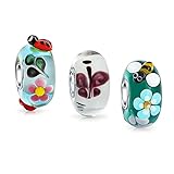 Bling Jewelry Set of 3 Bundle 3D Insect Floral Multicolored Murano glass Lampwork Bead Charm Set .925 Sterling Silver