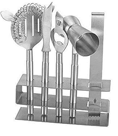 Famacart 100% Stainless Steel Silver Bar Set of 5 Pieces Bar Accessories (Peg Measure | Tong | Strainer | Knife | Opener)