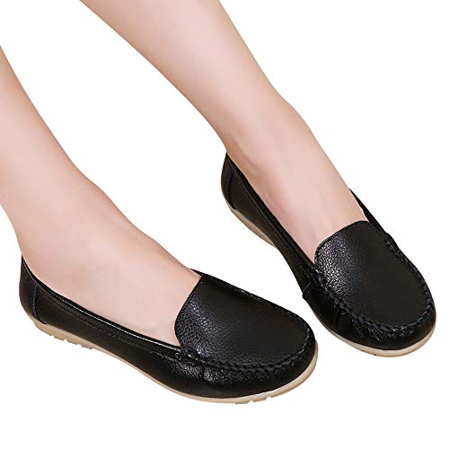 Women's Slip On Flat Shoes,Comfort Walking Leather Loafers Round Toe Driving Shoes Soft Bottom Sneakers Office Work Shoes (Black, US:7.5)
