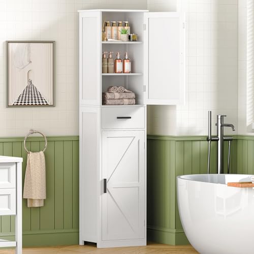 WEENFON 67" H Bathroom Storage Cabinet with 2 Doors & 1 Drawer, Tall Bathroom Cabinet with 6 Shelves, Narrow Bathroom Storage, for Bathroom, Living Room, Kitchen, White, 30×40×170CM