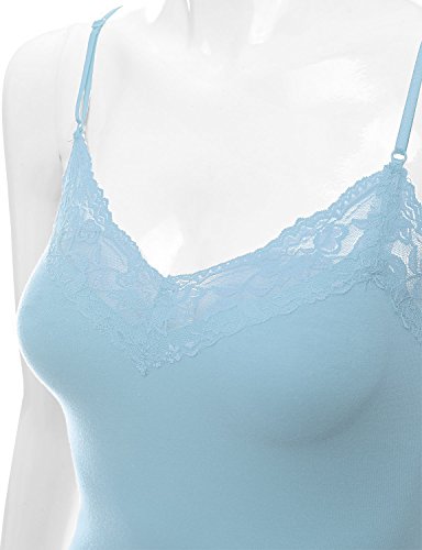 RT1004 Ladies Adjustable Spaghetti Strap Lace Trim Long Tunic Cami Tank Top Powder Blue L