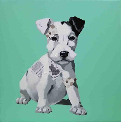Bignut-Art 100% Hand Painted Animal Companion Dog Wall Art for Living Room Kids Room Framed Ready to Hang ( 30"x 30 " 1 Pcs Grey-White Dog with Green Background)