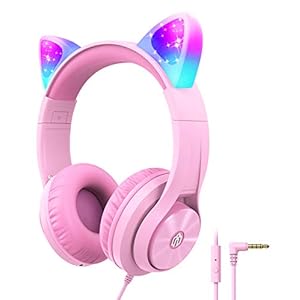 Cat-Ear-Led-Light-Up-Kids-Headphones-with-Microphone-iClever-HS20-Wired-Headphones-Shareport-94dB-Volume-Limited-Foldable-Over-Ear-Headphones-for-Kids-GiftsSchooliPadKids-TabletTravel-Pink iClever Kids Headphones with Microphone, Cat Ear Led Light Up, HS20 Wired Headphones -Shareport- 94dB Volume Limited…
