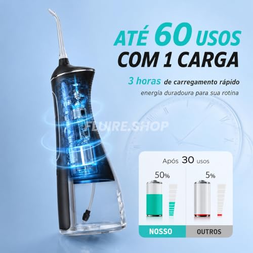 Irrigador Oral & Bucal Portátil Recarregável -Tanque 300ml - Limpeza Profunda com 4 Níveis de Pressão, 4 Ponteiras, À Prova d’Água - Jato Dental Ideal para Aparelhos Ortodônticos, Implantes e Gengivas