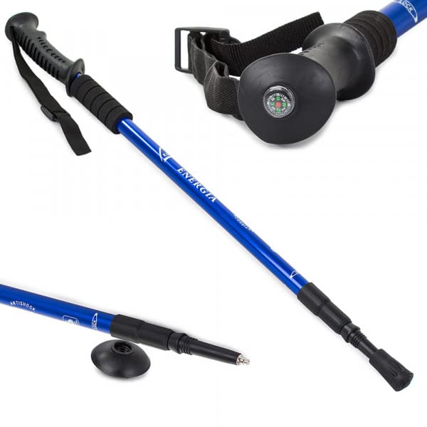 PARENCE. - Set of 2 telescopic Nordic walking poles with built-in compass and 3 tips included – Anti-shock System/Outdoor Physical Activities/Outdoor Walking – Blue