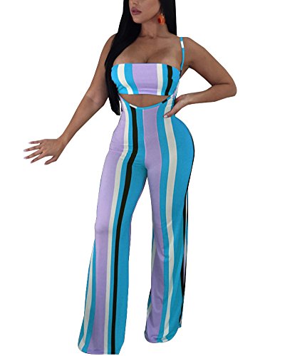 Women 2 Piece Outfits Clubwear Sexy Tube Crop Top Wide Leg Flare Bell Bottom Suspender Pants Set Stripes Jumpsuit Light Blue S