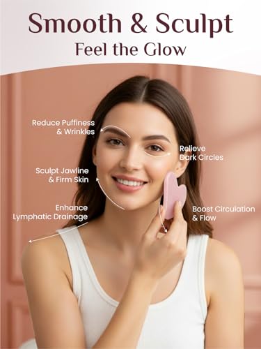Rena Chris 100% Natural Rose Quartz Gua Sha Stone, Face Guasha Tool for Jawline Sculpting and Puffiness Reducing, Gua Sha Massage Tool Suitable for Daily Skin Care Routine (Pink)