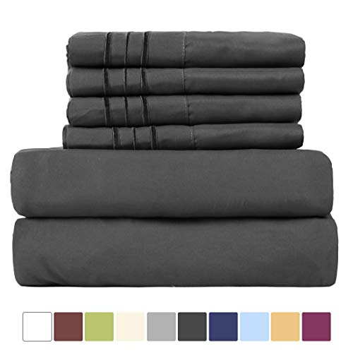 TEKAMON King Bed 6 Piece Sheet Set Cooling 100% Microfiber Polyester Extra Deep Pocket Fitted Sheet Luxury Soft,Breathable,Wrinkle and Fade Resistant Flat Sheet Dark Grey
