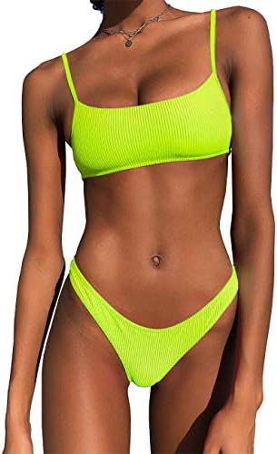 IBIZA VIBEBikini Set Ribbed Neon Scoop Crop Top High Cut 2 Piece Brazilian Sporty Swimsuits for Women