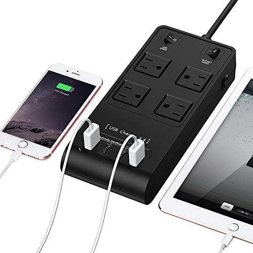 Power Strip USB, with 4 AC Outlets and 4 USB Charging for Smartphone Tablets Home, Office, Hotel, Cruise Ship, 6 Feet Long Cord