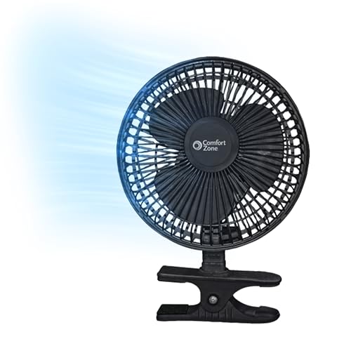 Comfort Zone Portable Clip on Stroller Fan, 6 inch with Fully Adjustable Tilt, Quiet 2 Speed Bedside Fan, Mini Desk Fan, Table Fan, Easily Clip on to Desk, Stroller or Bedroom Nightstand, Black