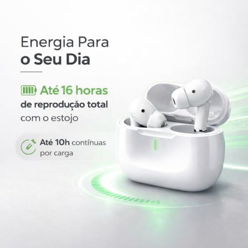 Fone de Ouvido Bluetooth 5.4 TWS Branco Sem Fio com Microfone, Controle Touch, Intra Auricular com Redução de Ruído, Estojo USB-C, Até 16h, Android e iPhone