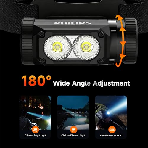 PHILIPS SFL3255 Lampara de Cabeza Recargable LED, 1500 Lúmenes con imán, Linterna Multifunción de 6 Modos, Frontal USB, Resistente al Agua, Headlamp Ideal Para Campismo, Pesca y Senderismo