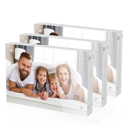 Paquete de 3 Marcos Acrílicos para Fotos - 4"X6" Marcos Magnéticos, Bloque de 0.8" de Grosor, Marcos Transparentes de Doble Cara que se Pueden Colocar en el Escritorio en Horizontal o en Vertical (TransparenteA, 4X6)