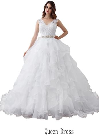 Queen Dress Women's Beaded Organza Puffy Wedding Dresses Ball Gowns White US 4