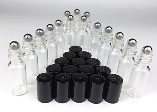 Pack of 15 - 5 ml (1/6 oz) Plain Clear Glass Container Tubes with Stainless Steel Roller Balls and Black Lids