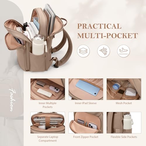 GOLF QUALITY Laptop Backpack Women, Large Man Travel Bag, Laptop Backpack for Work, Multilayer Backpack for Personal Items, 16 Inches, Champagne Brown