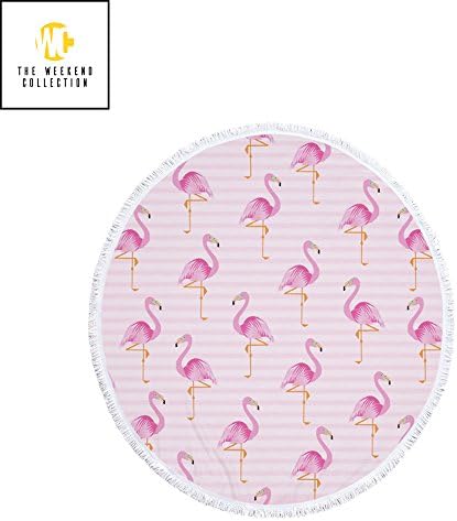 Round Beach Towel Blanket Throw Flamingo Oversized Mandala Bohemian Style Yoga Mat Tapestry Tassel | Thick Microfiber | Extra Large Size 60 inch | By The Weekend Collection … (Flamingos)