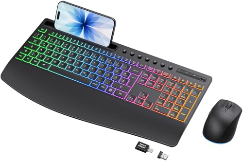 Photo 1 of Trueque Wireless Keyboard and Mouse Combo, 4000mAh Rechargeable Backlit Keyboard with Wrist Rest & Phone Holder, Full Size Quiet Typing, 2.4G USB-A/Type-C for PC, Laptop, Windows, Chrome OS (Black)