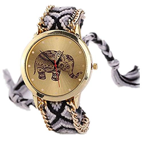 Creazy Women Elephant Pattern Weaved Rope Band Bracelet Quartz Dial Wrist Watch (Black)