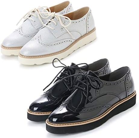 Amazon ウイングチップ タンクレースアップ エナメル オックスフォードシューズ レディース ブラック レースアップシューズ おじ靴 マニッシュ 黒 シルバー ノーブランド品 レースアップ