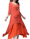 CDCLOTH Women's Fake Two Loose Cotton & Linen Long-sleeved Dress Wine Red