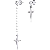 ANDPAI Unique Minimalist Asymmetric Cross Dangle Drop Earring for Women Men Silver Long Chain Punk Ball Stud Earrings Hypoallergenic Geometry Jewelry