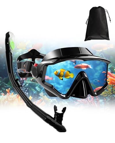 Hingue Diving Mask with 180° Panoramic Vision, Anti-Fog and Anti-Leak Adult Snorkel Mask with HD Tempered Glass, Adjustable Snorkeling Snorkel for Swimming, Diving and Snorkeling