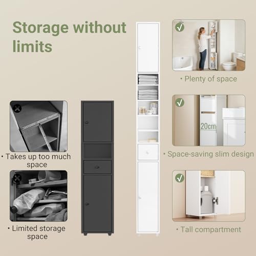 SoBuy Muebles para Baño, Organizador de Baño Estrecho, Mueble Esquinero para Baño, Armario de Almacenamiento Baño, Armario Alto con Cajón y Estantes Ajustables, de 180cm(Natural BZR34-WN)