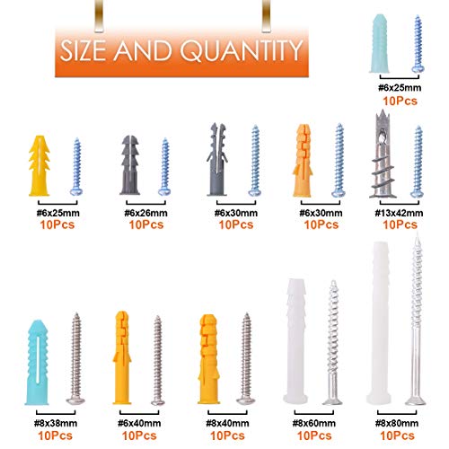Rustark 220Pcs [11 Sizes] Plastic Self Drilling Drywall Ribbed Anchors Hollow Drywall Anchors