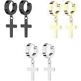 3 Pairs Punk Cool Cross Earrings Dangle Hinged Stainless Steel Cross hoop Earrings for Men and Women