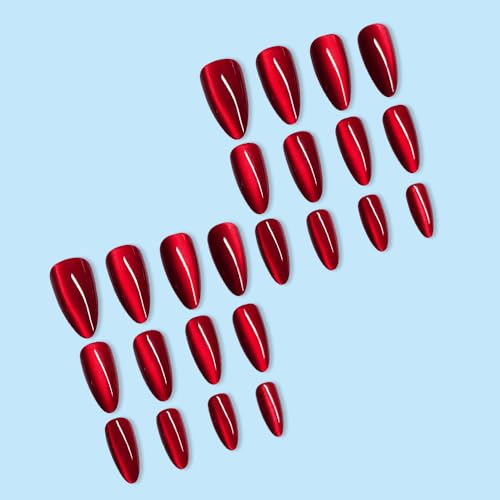 24 Pcs Spring Red Press on Nails Short Almond - YEFIUO Cat's Eye Nail Tips Acrylic Nail Kit Fake Nails Press ons French Glue on Nails Short Nail Art Full Cover Glitter False Nails for Women - Image 7