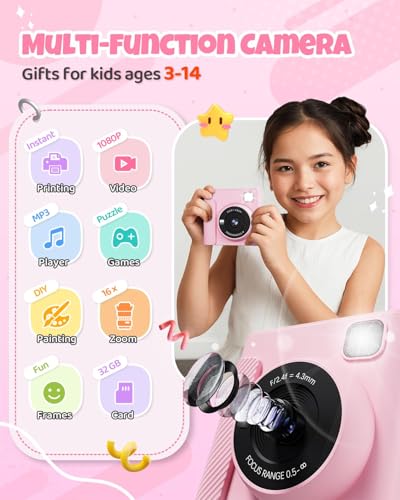 HAMACOUST Kids Instant Print Camera, Christmas Birthday Gifts for Girls and Boys, 1080P HD Video Digital Kids Camera with Print Paper & 32G Card, Toddler Toy for 3-14 Years Old