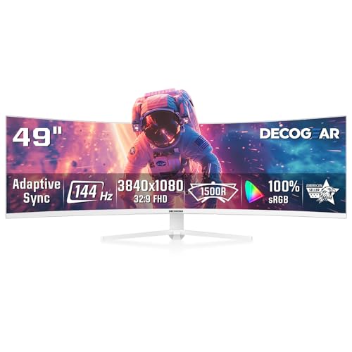Deco Gear White 49 Inch Curved Monitor, 144HZ Ultrawide DFHD Screen, 3840x1080 32:9 VA Panel, R1500 E-LED, 2 HDMI 2 Display Port, 3000:1, Laptop PC Computer Accessory for Work Gaming Design Create