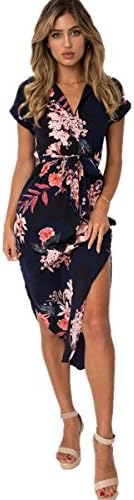 Gorgeya Womens Casual Midi Dresses Short Sleeve Long Skirt Tunic Split Summer Floral Pattern Belted Dress