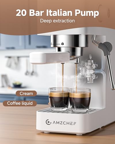 AMZCHEF 20 Bar Professional Espresso Machine, 1350W Coffee Machine with Milk Frother, Flexible Brewing Options, Compact Espresso Machine for Cappuccino, Latte, White