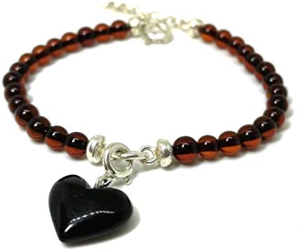 Baltic Amber Bracelet for Adults- Adjustable Size 7 to 7.48 inches (17-19cm) Heart Shape Amber Pendant with Cherry Amber Beads, Natural Pain Relief to Help migraine, Sinus, Arthritis and More!